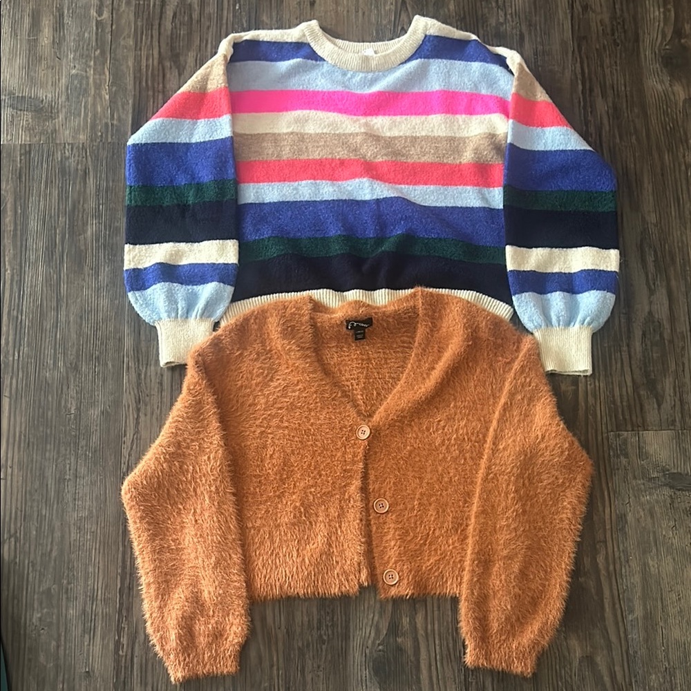Striped Multicolor Sweater and Tan Cardigan Set